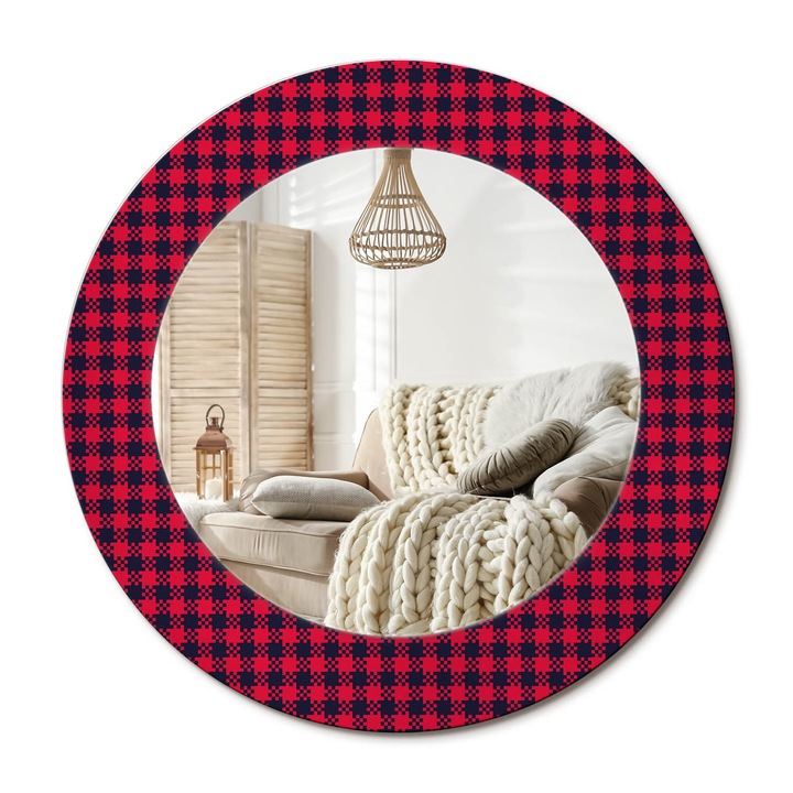 Kerek Tükör Nyomtatással, Decormat, Piros Kockás, Piros, Ø50 cm, Nappaliba És Szobába, 010090550080300072578