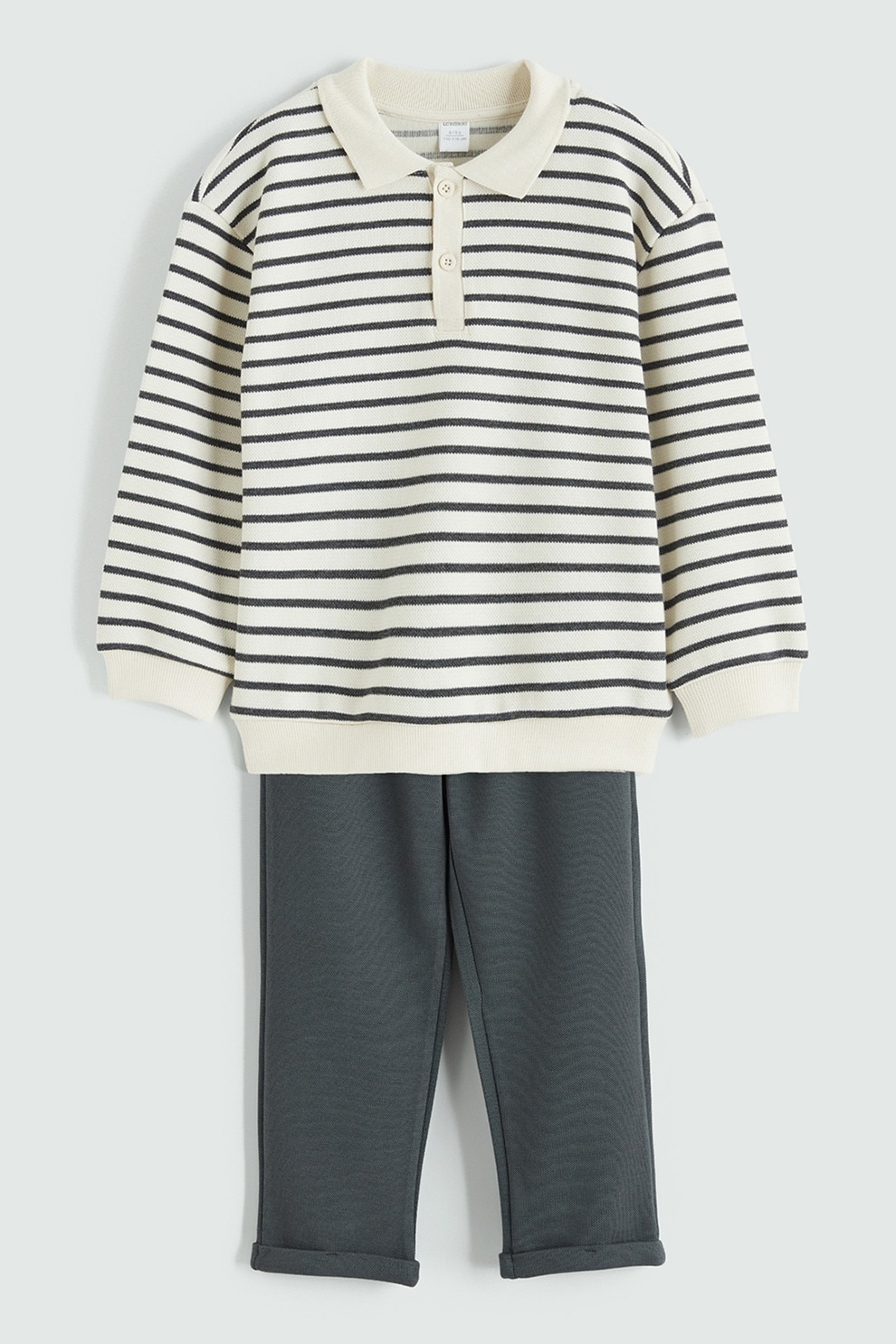 LC WAIKIKI, Set de pulover polo si pantaloni de trening, Alb, Gri inchis, 80-92 CM