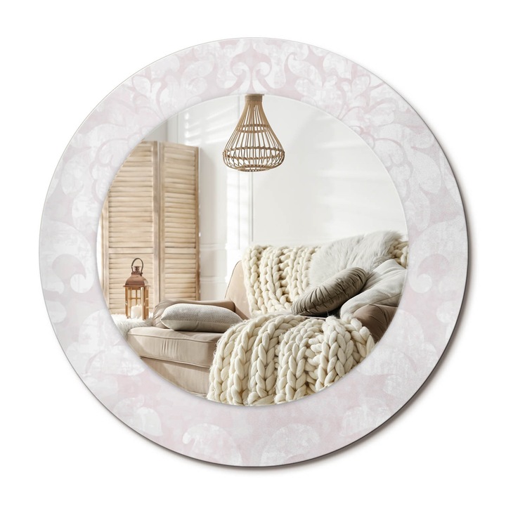 Kör Alakú Fali Tükör Nyomtatással, Decormat, Rokokó Textúra, Fehér, Ø50 cm, Lakásdíszítő Fali Tükör, 010090550080300072592
