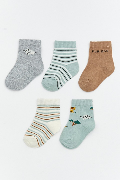 LC WAIKIKI, Set de sosete din amestec de bumbac - 5 perechi, Verde/Gri melange/Maro camel