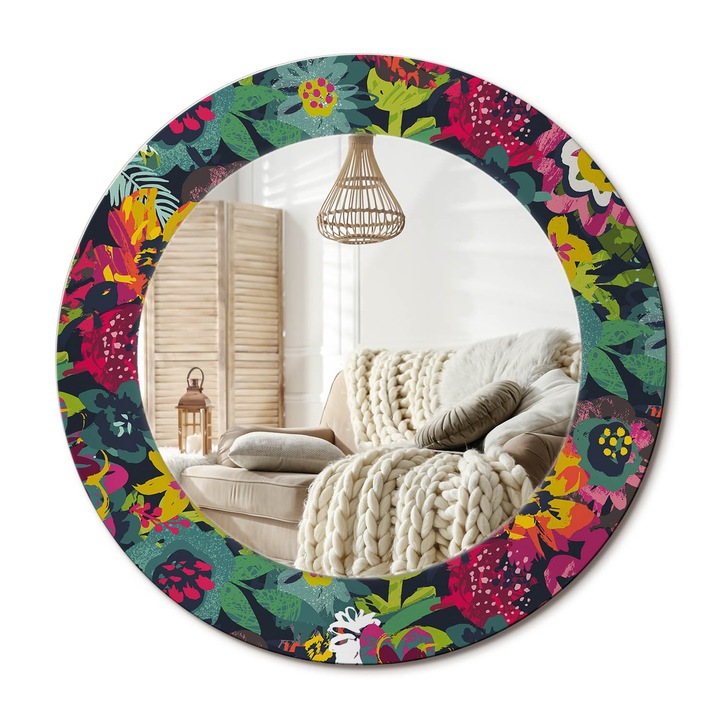 Kerek Fali Tükör Nyomtatott Mintával, Decormat, Festett Virágok, Többszínű, Ø50 cm, Nappali Szoba Díszítésére, 010090550080300072594