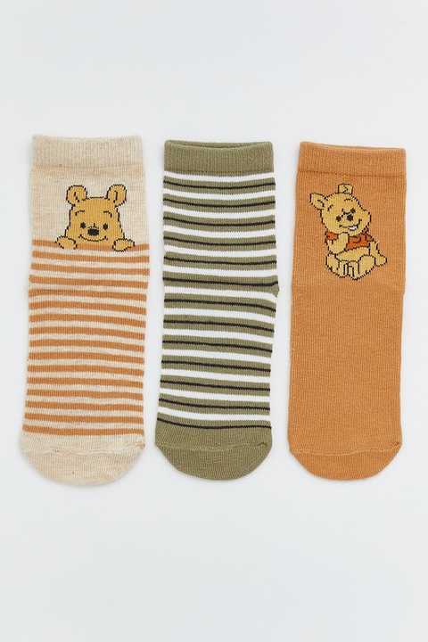 LC WAIKIKI, Set de sosete pana la glezna cu imprimeu Winnie-the-Pooh Print - 3 perechi, Verde/Portocaliu/Bej