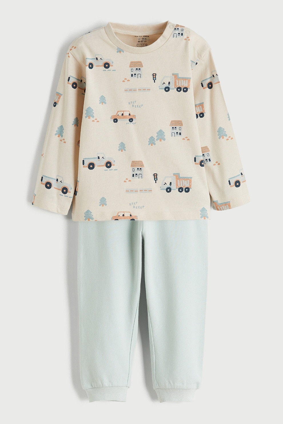 LC WAIKIKI, Set de pantaloni si bluza din amestec de bumbac cu imprimeu - 2 piese, Verde pal, Albastru, Bej deschis, 74-80 CM