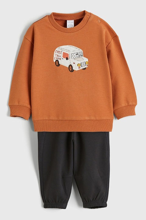 LC WAIKIKI, Set de bluza de trening din amestec de bumbac cu imprimeu si pantaloni lungi - 2 piese, Negru/Portocaliu persan, 68-74 CM