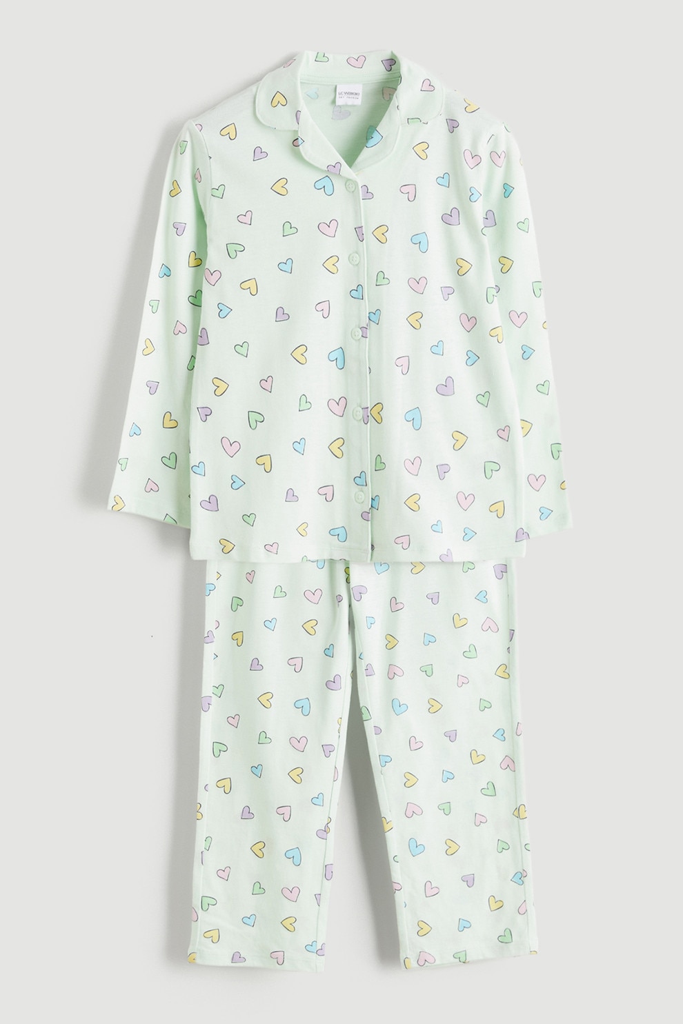 LC WAIKIKI, Pijama cu nasturi si inimi, Verde pal, 92-98 CM