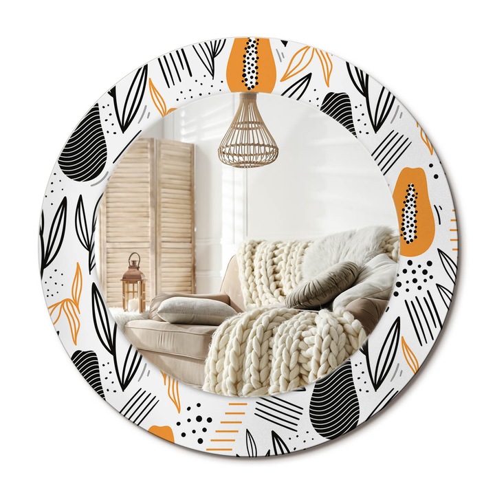 Kerek Fali Tükör Grafikával, Decormat, Papayák, Narancssárga, Ø50 cm, Különleges Kiegészítő Szobába, 010090550080300072599