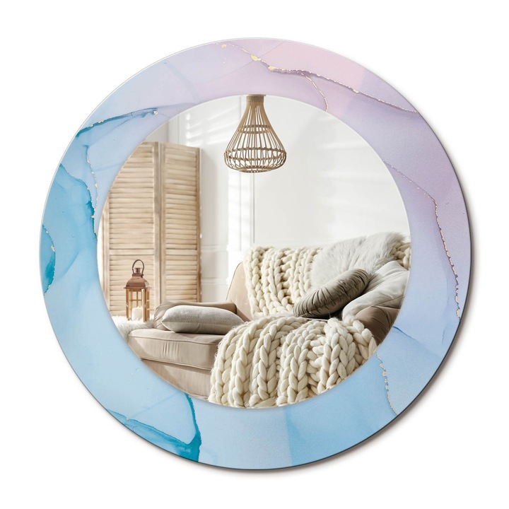 Kerek Tükör Kerettel És Nyomtatott Mintával, Decormat, Márvány Stílus, Kék, Ø50 cm, Beltéri Dekorációs Elem, 010090550080300072600