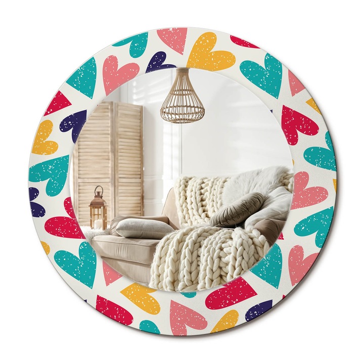 Kerek Tükör Nyomtatással, Decormat, Színes Szívek, Többszínű, Ø50 cm, Nappaliba És Szobába, 010090550080300072613