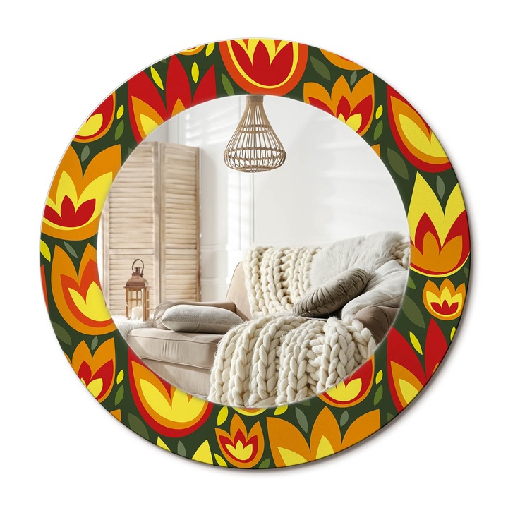 Kör Alakú Fali Tükör Nyomtatással, Decormat, Retro Tulipánok, Többszínű, Ø50 cm, Lakásdíszítő Fali Tükör, 010090550080300072610