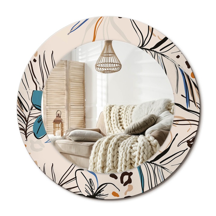 Kör Tükör Grafikai Mintával, Decormat, Dzsungelmintás Virágok, Krémszín, Ø50 cm, Előszobába És Folyosóra, 010090550080300072628