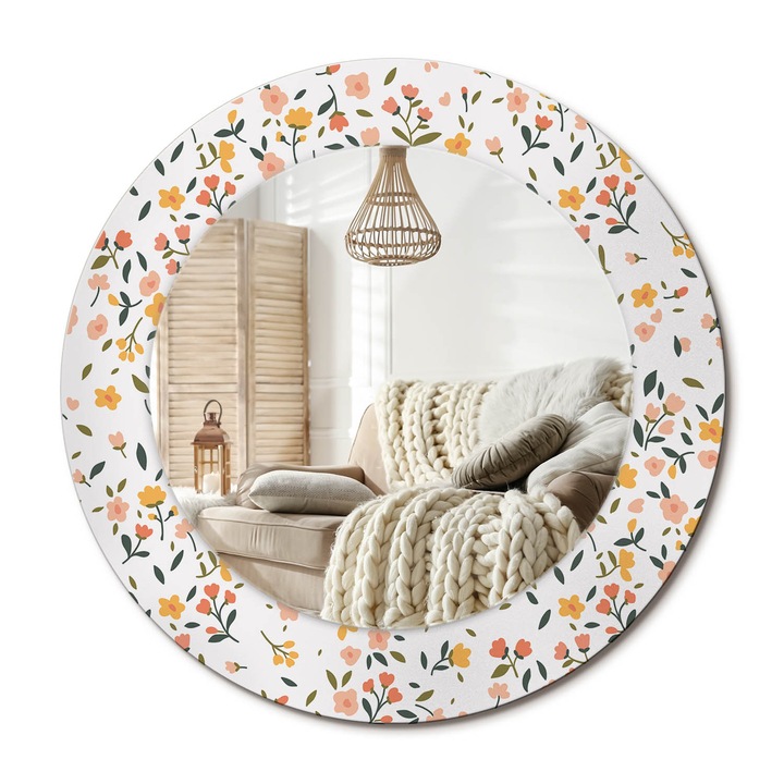 Kör Alakú Fali Tükör Nyomtatással, Decormat, Kis Virágok, Fehér, Ø50 cm, Lakásdíszítő Fali Tükör, 010090550080300072627