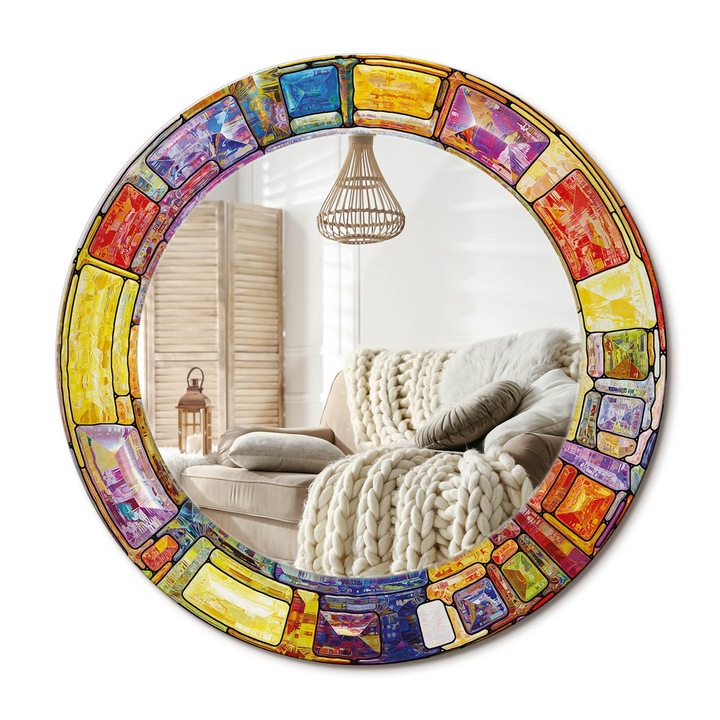 Kör Alakú Fali Tükör Nyomtatással, Decormat, Színes Ólomüveg, Többszínű, Ø50 cm, Lakásdíszítő Fali Tükör, 010090550080300072645