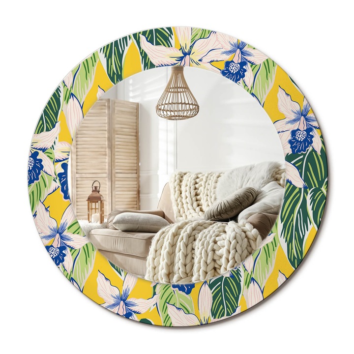 Kör Tükör Grafikai Mintával, Decormat, Orchideák, Sárga, Ø50 cm, Előszobába És Folyosóra, 010090550080300072646