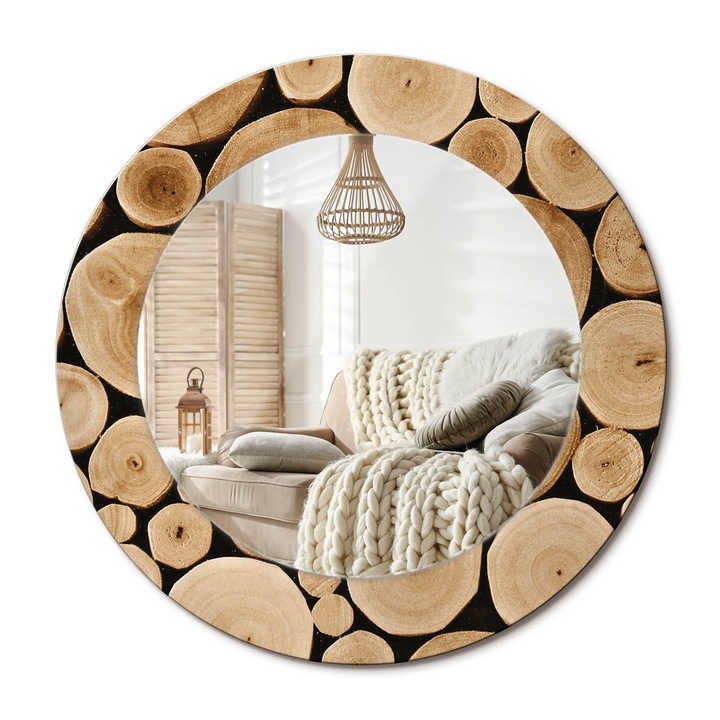 Kerek Tükör Grafikával, Decormat, Fa Rönkök, Barna, Ø50 cm, Sminkeléshez És Borotválkozáshoz, 010090550080300053736