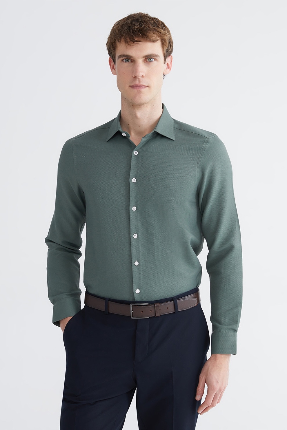 LC WAIKIKI, Camasa slim fit din material pique, Verde inchis, M