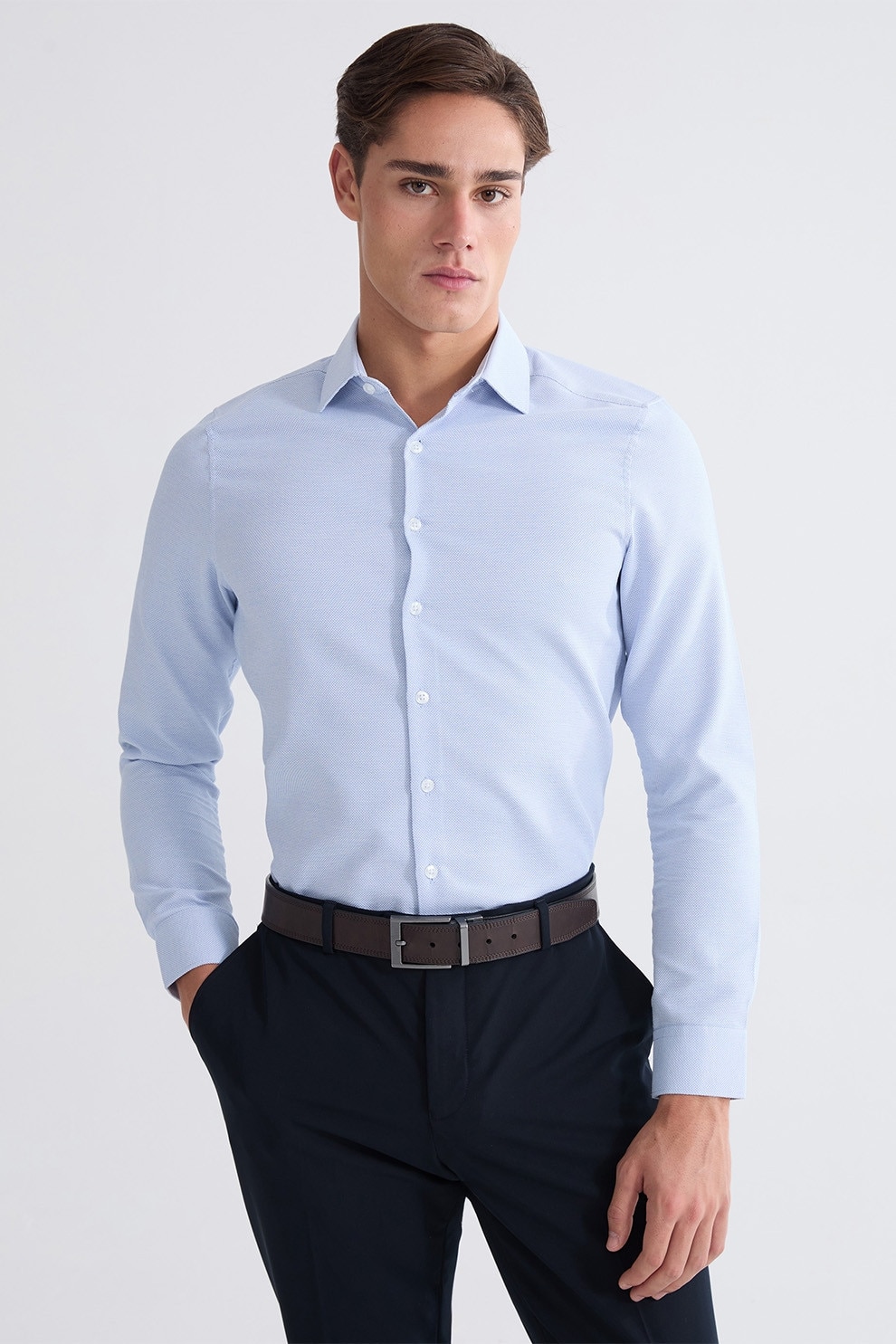LC WAIKIKI, Camasa slim fit din material pique, Albastru deschis, L