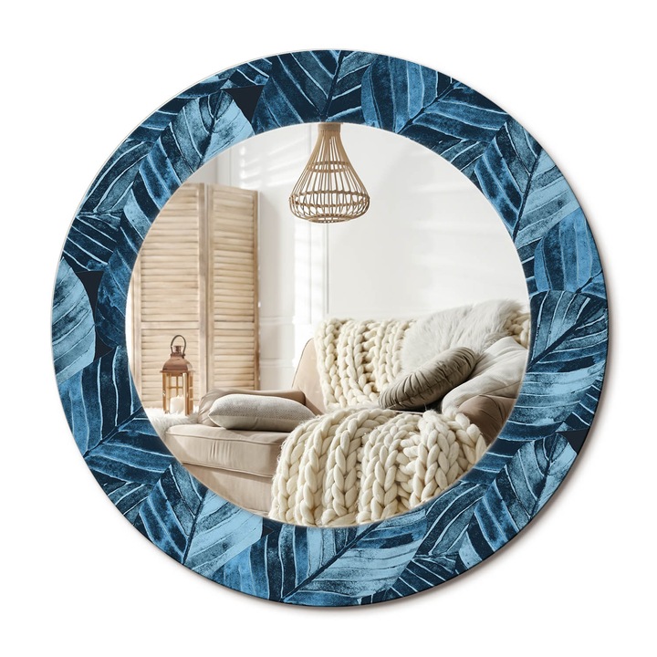 Kerek Tükör Nyomtatással, Decormat, Dzsungel Levelek, Kék, Ø50 cm, Nappaliba És Szobába, 010090550080300072549