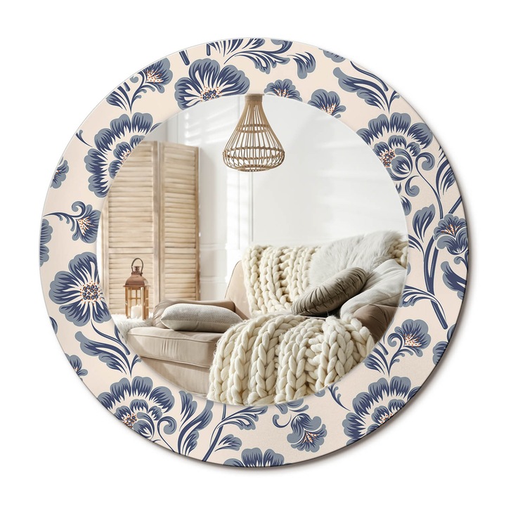 Kerek Tükör Kerettel És Nyomtatott Mintával, Decormat, Virágminta, Krémszín, Ø50 cm, Beltéri Dekorációs Elem, 010090550080300020983