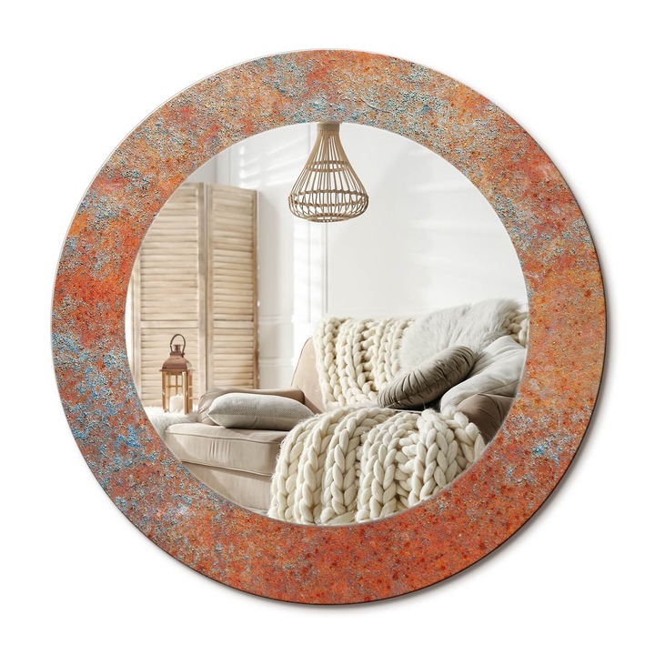 Kerek Tükör Grafikával, Decormat, Rozsdás Fém, Narancssárga, Ø50 cm, Sminkeléshez És Borotválkozáshoz, 010090550080300053925