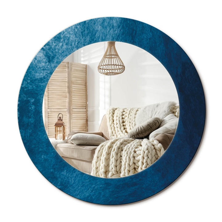 Kerek Fali Tükör Nyomtatott Mintával, Decormat, Absztrakt Művészet, Kék, Ø50 cm, Nappali Szoba Díszítésére, 010090550080300053947