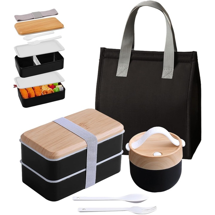 Set cutie prânz Bento Omelivon, 1400 ml, cu geantă izotermă 11 l, cană supă 600 ml, tacâmuri, etanșă, dimensiuni 18,5x11,8x10 cm