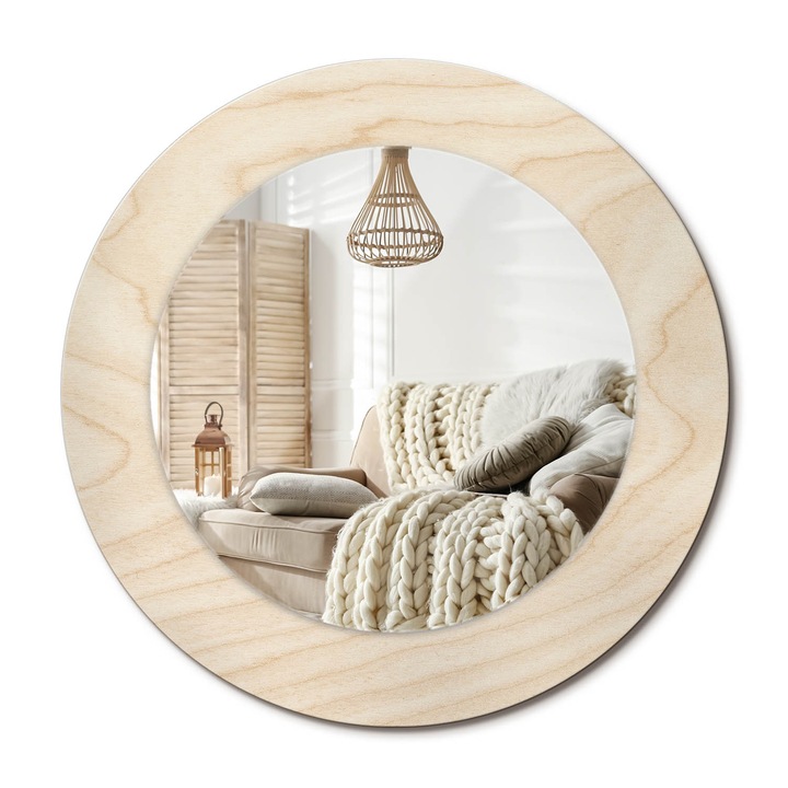 Kör Alakú Fali Tükör Nyomtatással, Decormat, Világos Fa, Bézs, Ø50 cm, Lakásdíszítő Fali Tükör, 010090550080300053750