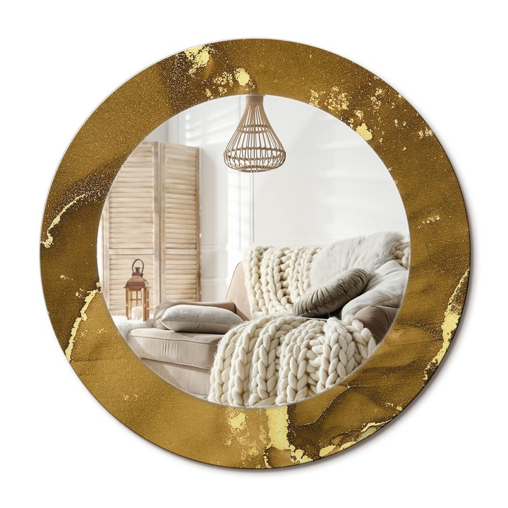 Kerek Fali Tükör Nyomtatott Mintával, Decormat, Fémes Örvények, Aranyszín, Ø50 cm, Nappali Szoba Díszítésére, 010090550080300053828