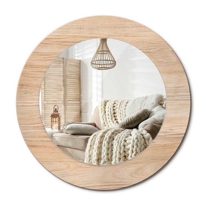 Kerek Fali Tükör Grafikával, Decormat, Faipari, Bézs, Ø50 cm, Különleges Kiegészítő Szobába, 010090550080300053716