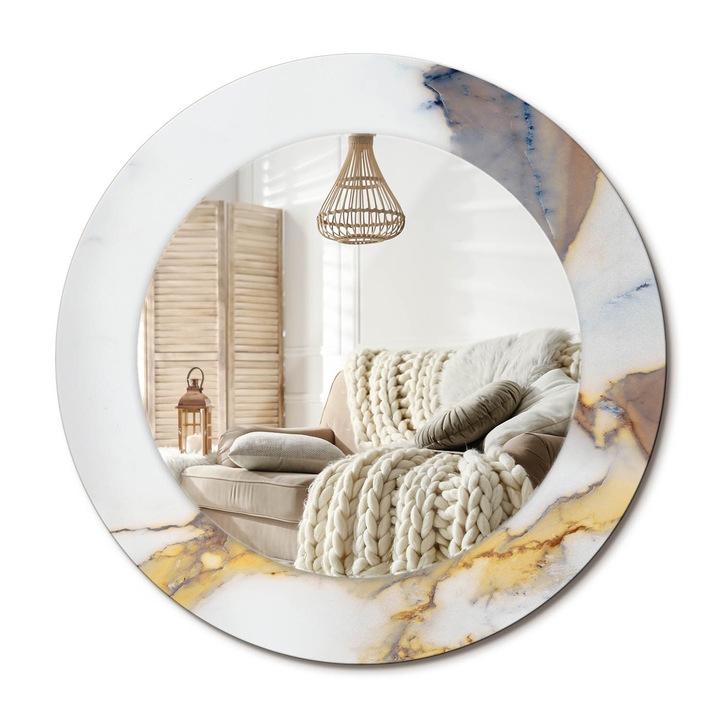 Kerek Tükör Kerettel És Nyomtatott Mintával, Decormat, Fehér Márvány, Fehér, Ø50 cm, Beltéri Dekorációs Elem, 010090550080300053851
