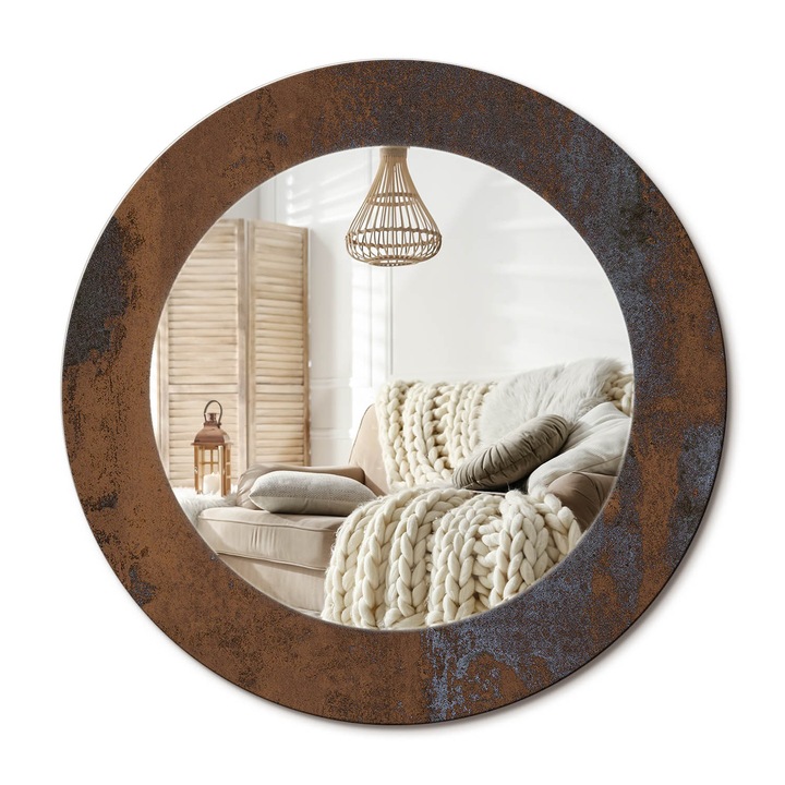 Kör Alakú Fali Tükör Nyomtatással, Decormat, Rusztikus Metál, Barna, Ø50 cm, Lakásdíszítő Fali Tükör, 010090550080300053928