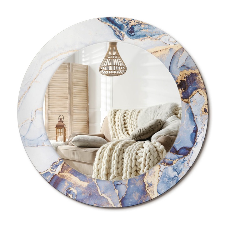 Kerek Tükör Kerettel És Nyomtatott Mintával, Decormat, Absztrakt Művészet, Kék, Ø50 cm, Beltéri Dekorációs Elem, 010090550080300053838