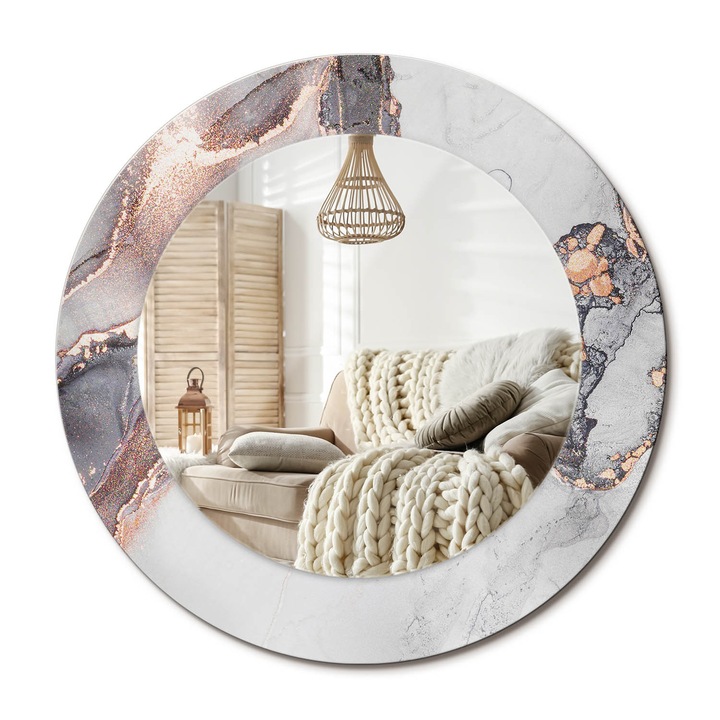 Kerek Fali Tükör Nyomtatott Mintával, Decormat, Absztrakt Márvány, Fehér, Ø50 cm, Nappali Szoba Díszítésére, 010090550080300053837