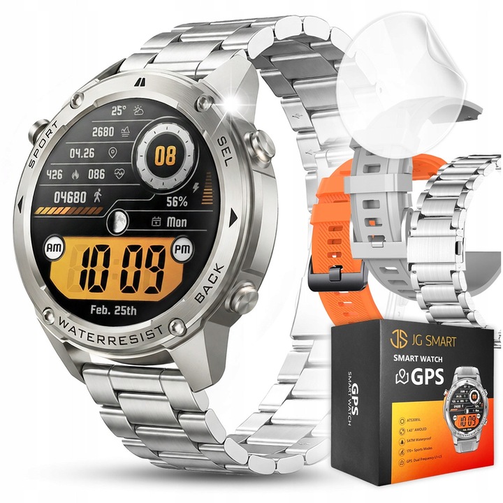Férfi okosóra JG Smart, GPS, AMOLED, vízálló, prémium szett 3 szíjjal