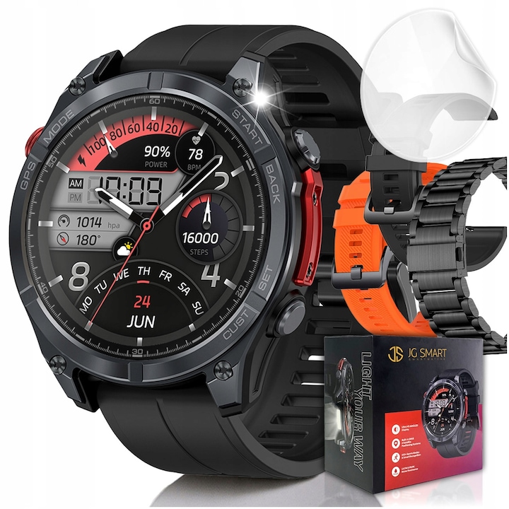 Okosóra JG Smart, GPS, AMOLED 1.43", vízálló IP69K, szett fekete és narancssárga szíjjal, védőfólia, 49x49x14mm