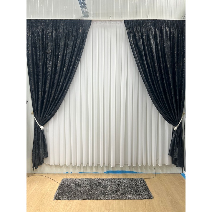 Sanremo bársony nyomott függöny szett, fekete, 10 cm széles ráncolószalaggal, 2x350x260 cm