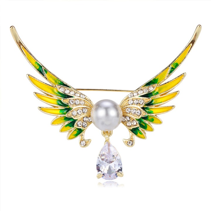 Brosa cu design avangardist in forma de aripa de pasare, AeroStrideX, cristale, perla naturala, 5.9x5.2cm