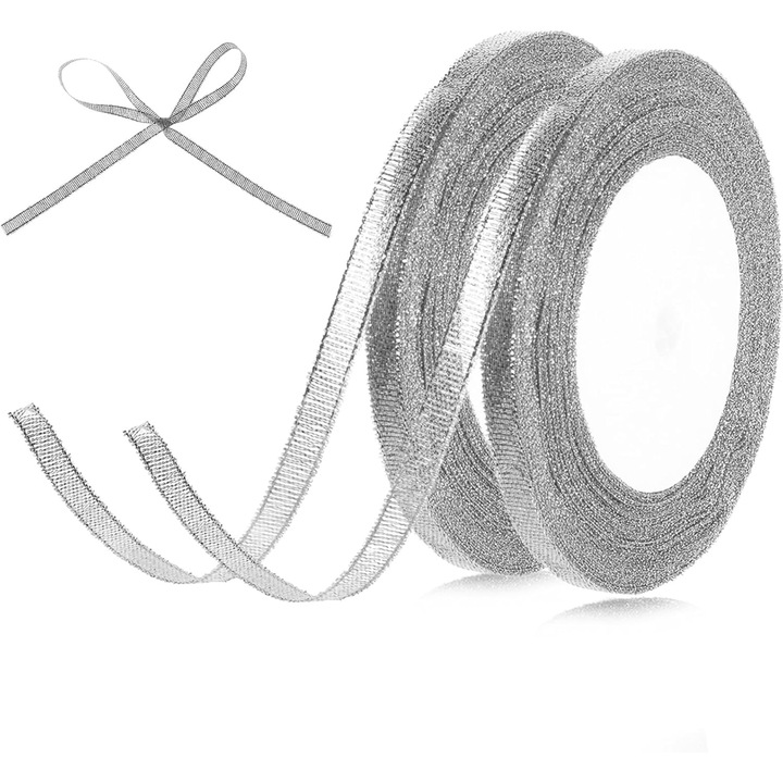 Panglica satinata，Set de 2 role de panglica cadou cu sclipici argintiu - Panglica organza