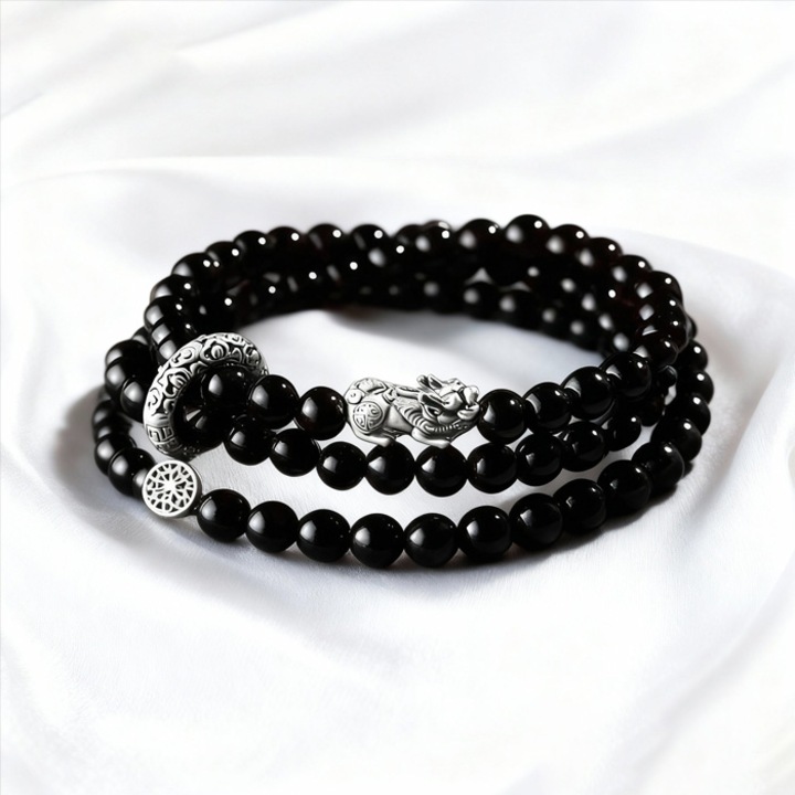 Bratara dubla pentru barbati cu charm Pixiu, AeroStrideX, onix negru, ajustabila