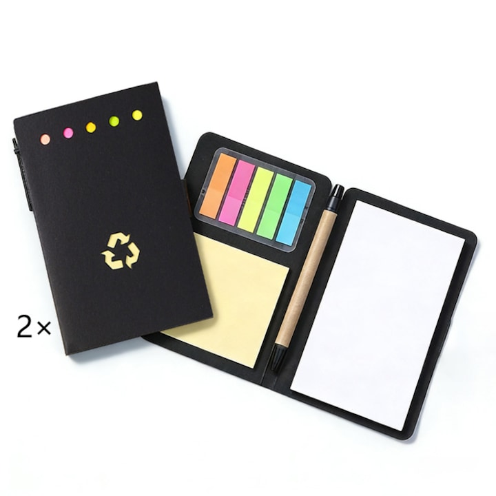 AeroStudio újrahasznosított papír jegyzetfüzet szett, fekete borító, 14x10cm, színes füllel