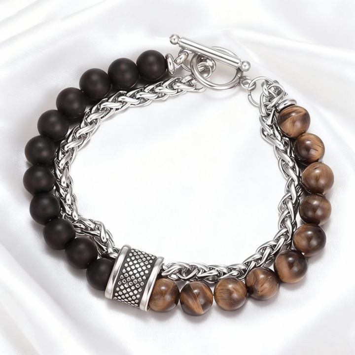 Bratara barbati, AeroStrideX, doua tonuri, piatra tigru sintetica si piatra neagra, 20cm