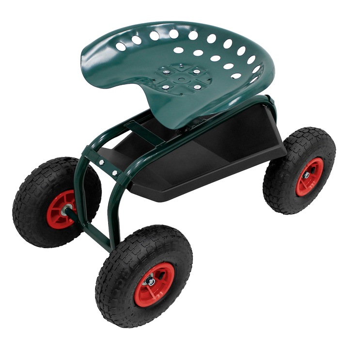 Scaun de gradina ECD Germany cu roti late, spatar rotativ 360° si reglabil pe inaltime, carucior din otel cu capacitate de pana la 150 kg si suprafata de depozitare