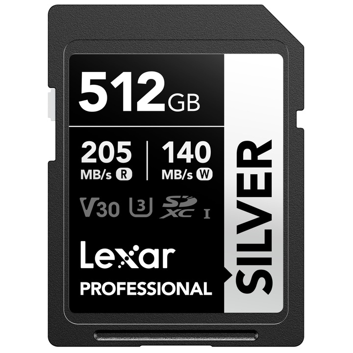 Lexar Silver SD Karte 512GB, card UHS-I SDXC, viteza de citire de 205 MB/s, viteza de scriere de 140 MB/s, V30, U3, C10, video 4K UHD, card de memorie SD cu recuperare de date pe viata