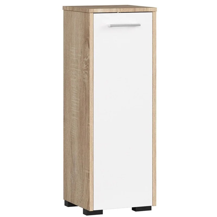 Dulap de baie tip baza, cu usa reversibila si raft interior, PAL 16 mm, 30x30x85 cm, stejar sonoma si alb