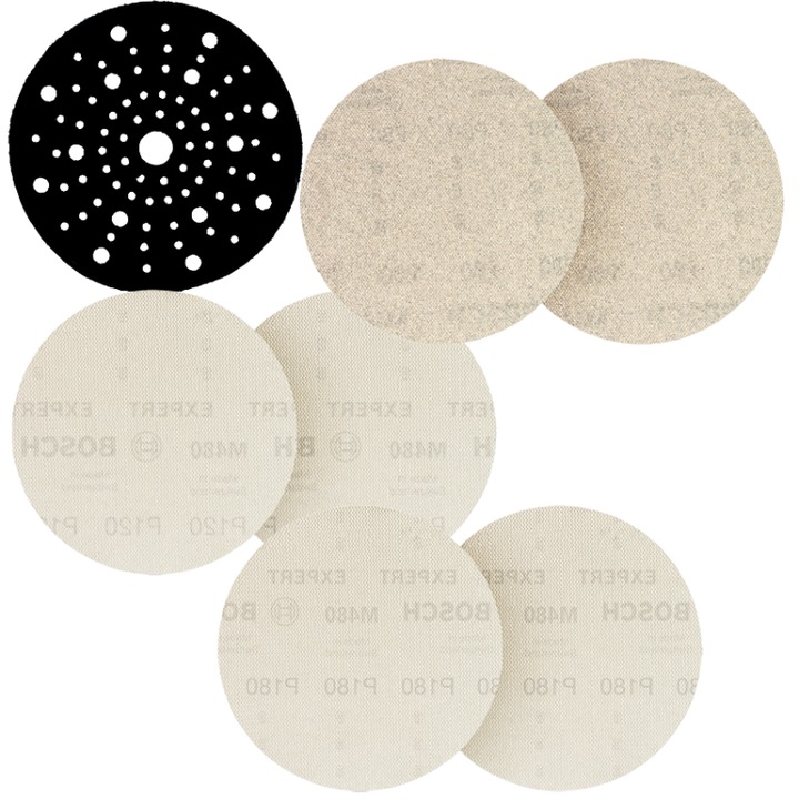 BOSCH Set 6 foi EXPERT (slefuire fara praf) 150 mm, mixte R80/120/180 + Piesa intermediara pentru protectie talpa