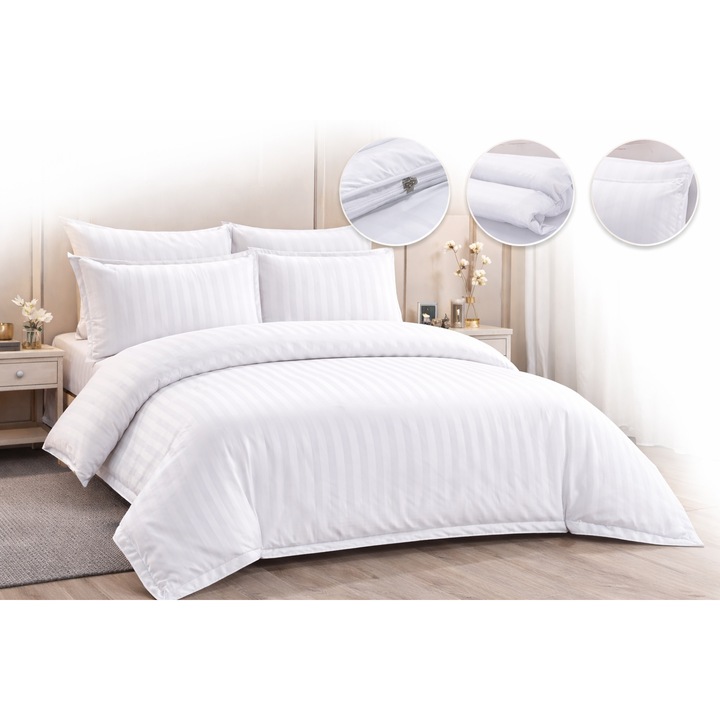 Lenjerie de pat dublu ANGMAD, set 6 piese, Bumbac Damasc, alb, 180x200cm, 200x230cm, 50x70cm, 70x70cm