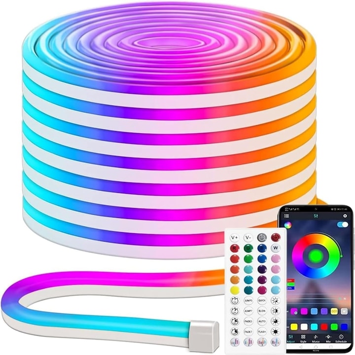 Banda luminoasa LED RGB de 5 m, neon de 12 V cu aplicatie/telecomanda, schimbare de culoare, sincronizare muzicala, lumini flexibile impermeabile pentru exterior, iluminare de fundal TV, dormitor