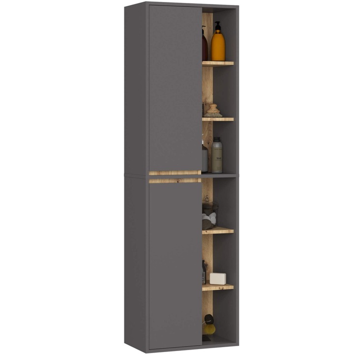 Dulap de baie suspendat cu 2 usi si 6 rafturi, PAL 16 mm, 50x30x170 cm, gri si stejar artisan