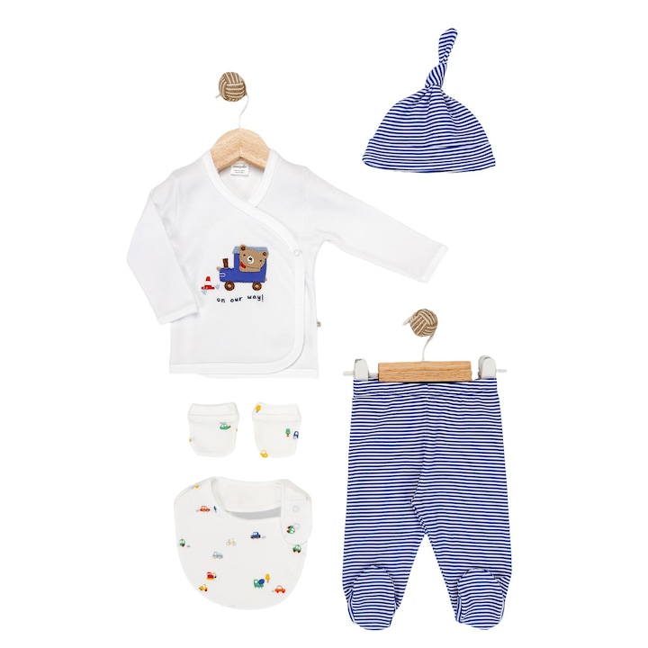 Комплект за новородено момче, 5 части, 0-3 месеца, 100% памук, изписване от родилен дом