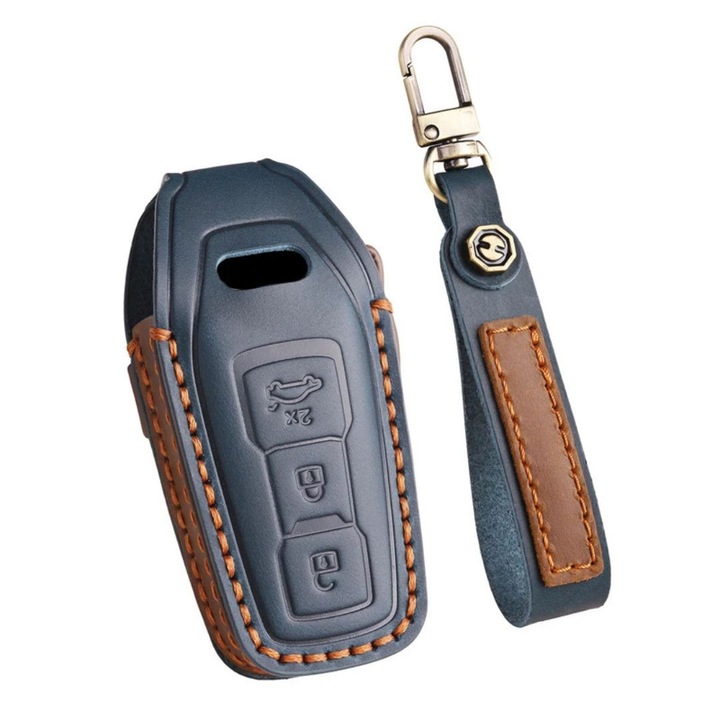 Husa cheie 3 butoane Audi A5 A6 Q5, model 2025, din piele naturala, AUTOTOB®, albastru