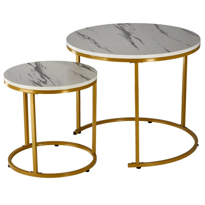 Комплект от 2 масички за кафе, подреждащи се, MDF и метал, 60x50 см и 40x40 см, мраморно бяло и златисто